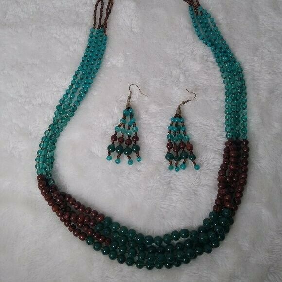 Multi Strand Glass and Wood Bead Necklace Set - Picture 1 of 5